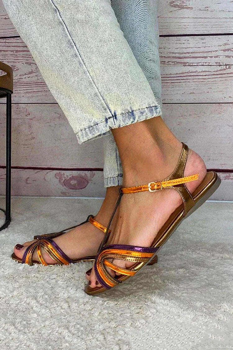 Albaira | Golden Sandals with Buckle and Multicolor Strap for Summer