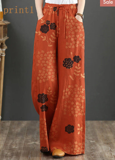 Orange Drawstring Straight Linen Pants