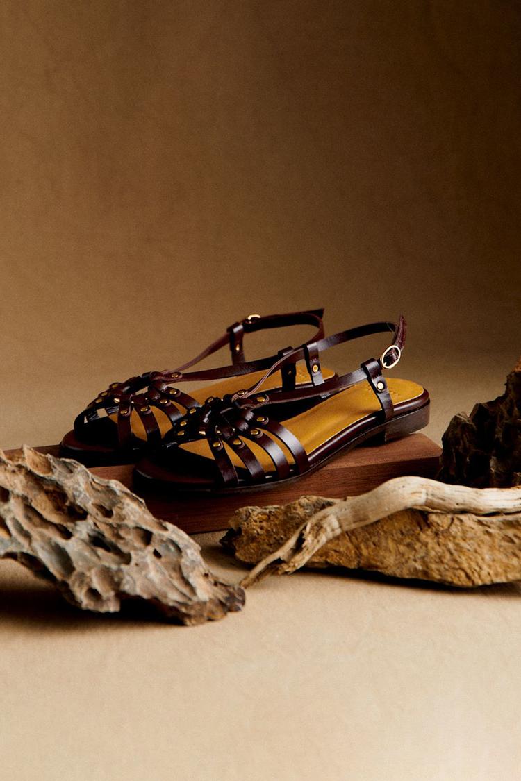 Gilbia | Metal Studded Sandals with Openings in Dark Brown for Summer