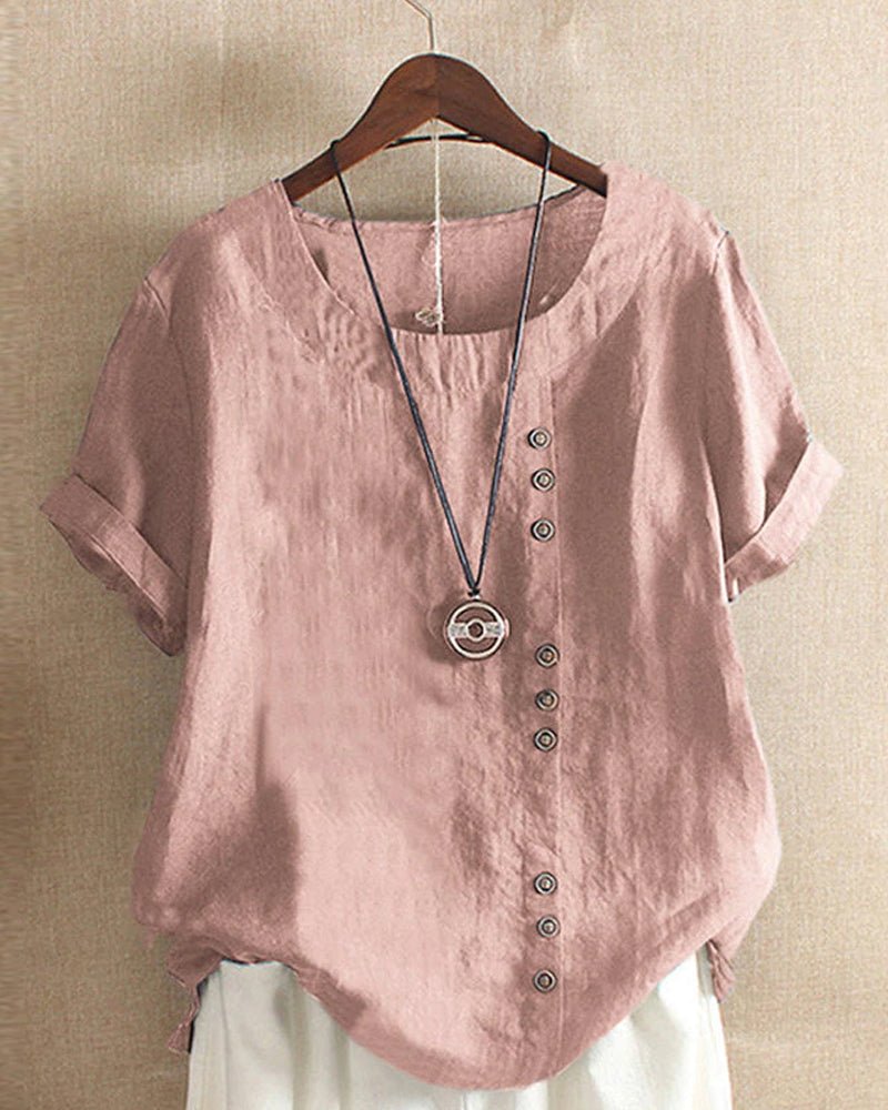 Linen | Button Front Crew Neck Top