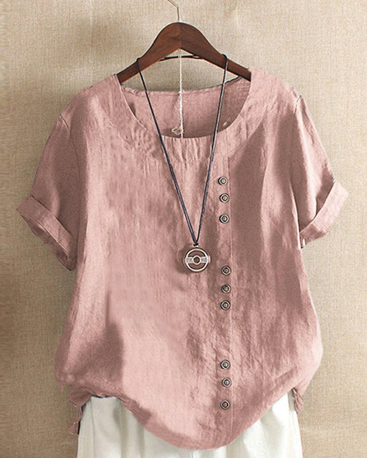 Linen | Button Front Crew Neck Top