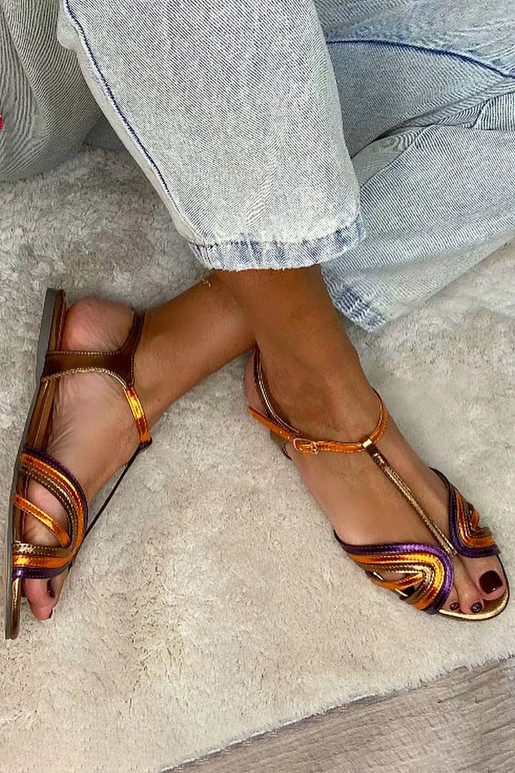 Albaira | Golden Sandals with Buckle and Multicolor Strap for Summer