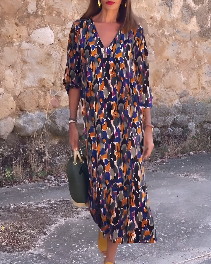 Retro Print V-Neck Dress