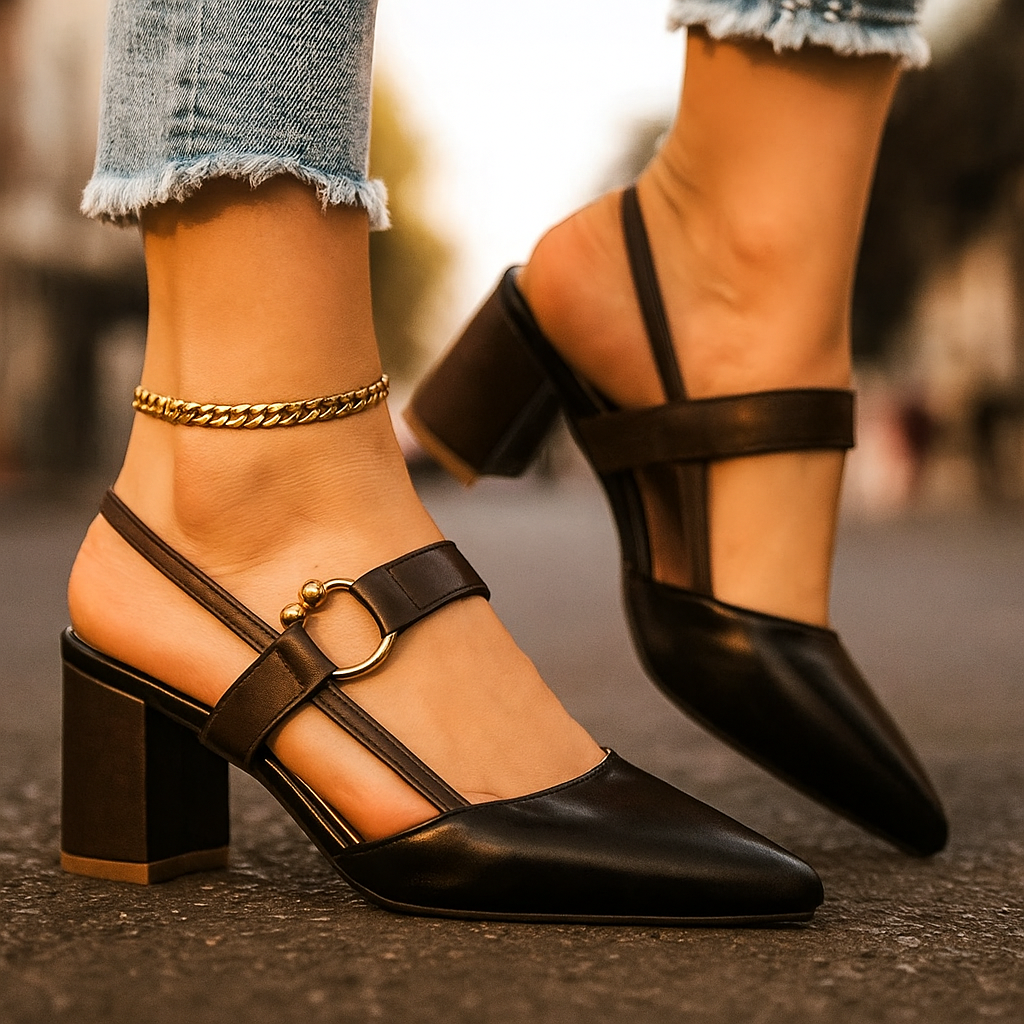 Mirella | Gold Ring Accent Block Heel