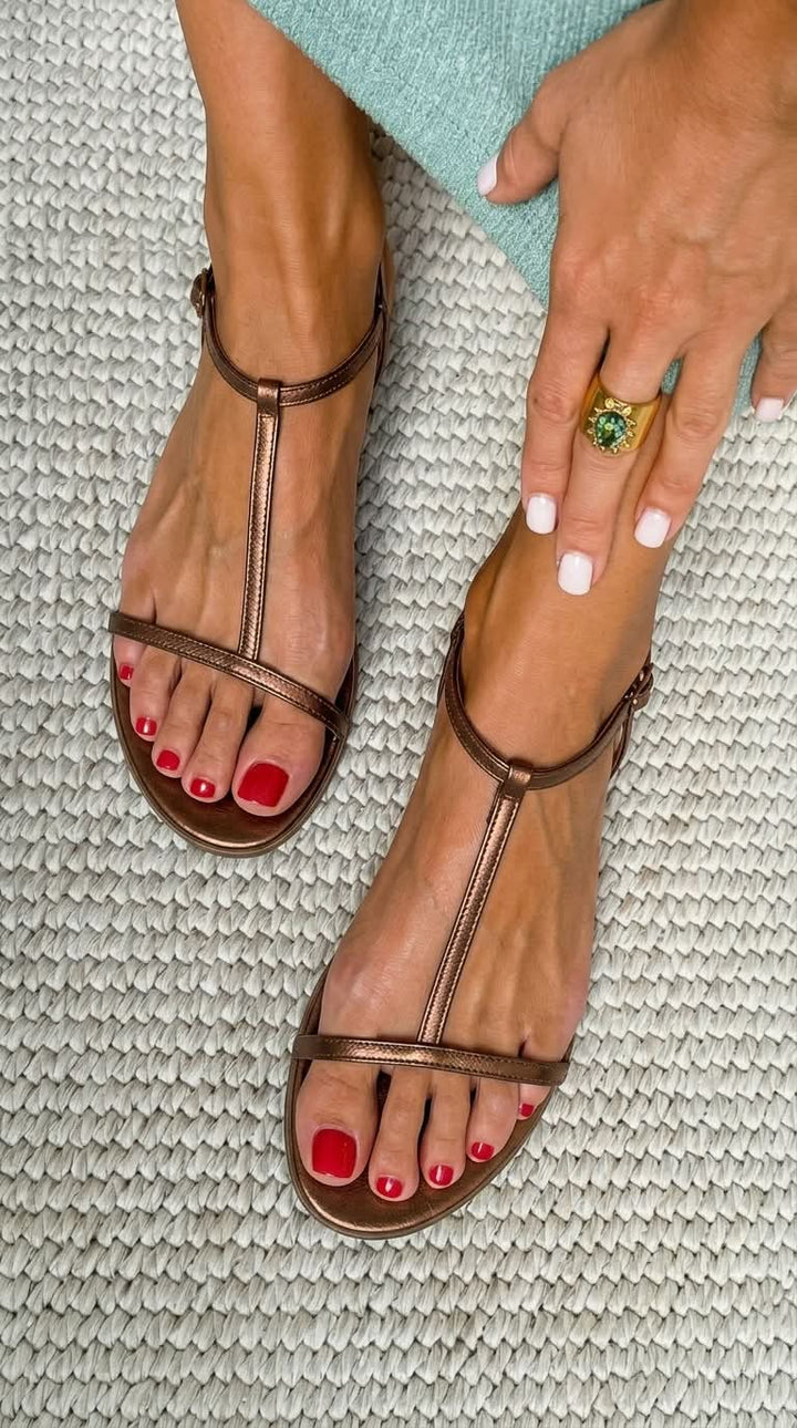 Zafira | Flat Metallic Sandals with T-straps for Summer