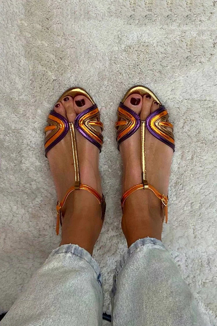 Albaira | Golden Sandals with Buckle and Multicolor Strap for Summer