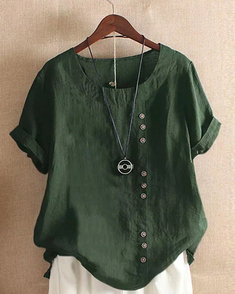 Linen | Button Front Crew Neck Top