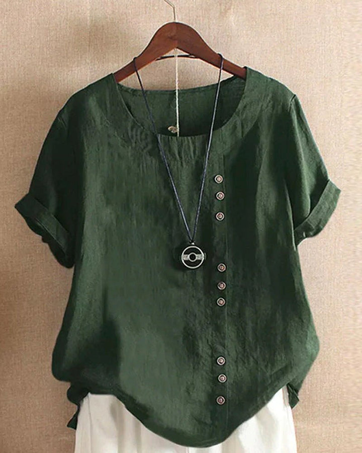 Linen | Button Front Crew Neck Top