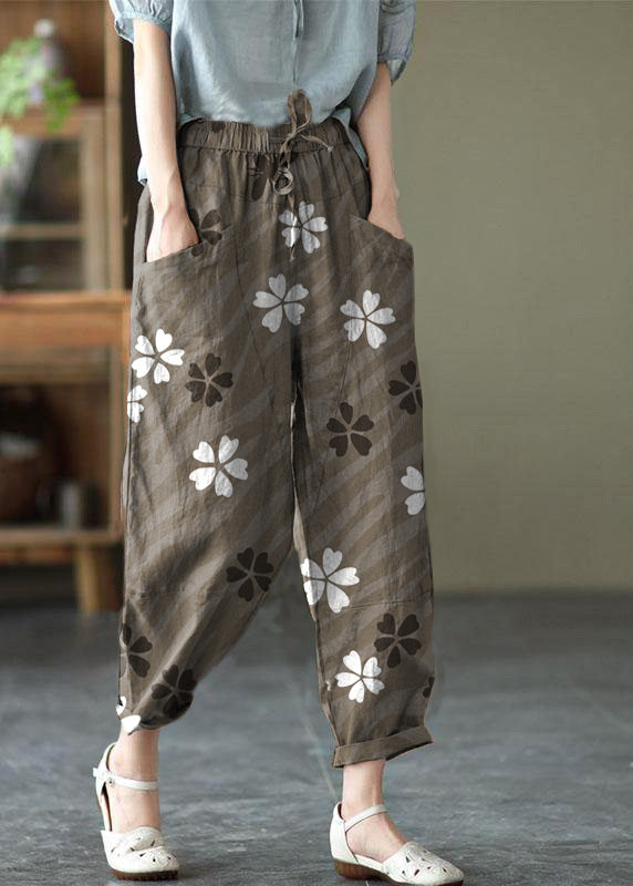 Khaki Tie-Waist Linen Harem Pants