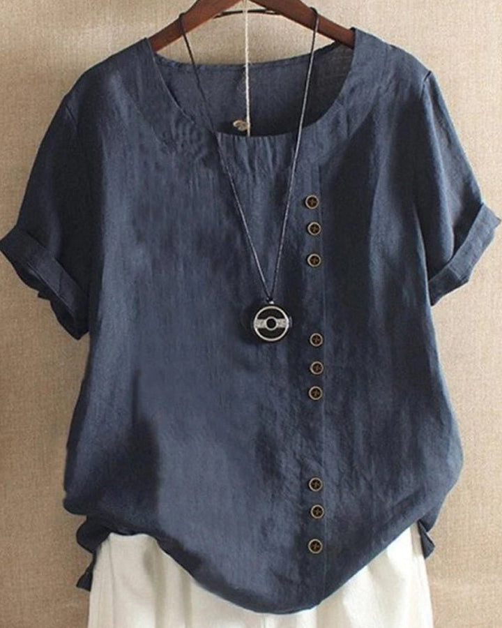Linen | Button Front Crew Neck Top
