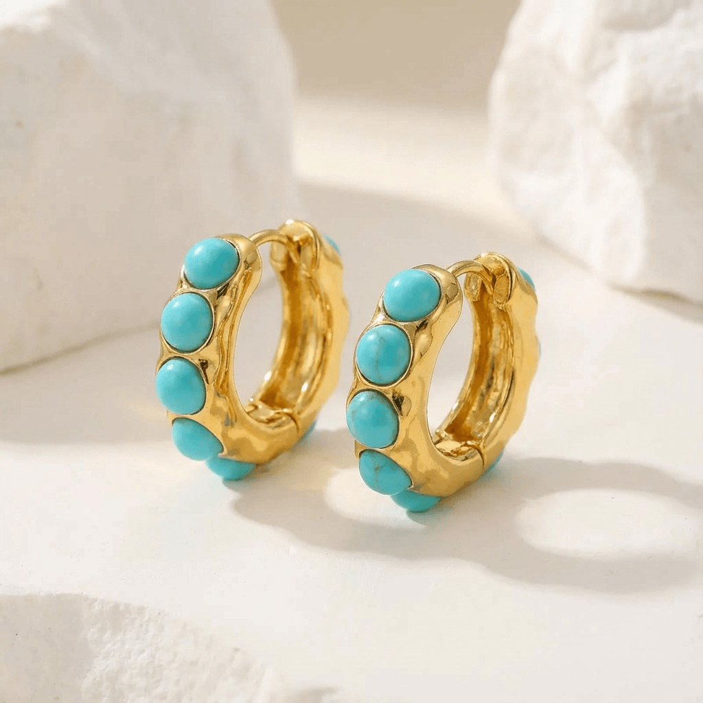 Iris | Bold Turquoise Stone Sculpted Hoop Earrings