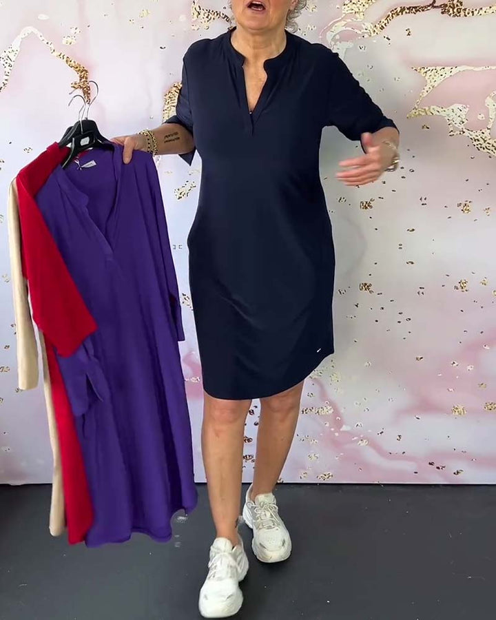 Solid V-Neck Casual Dress