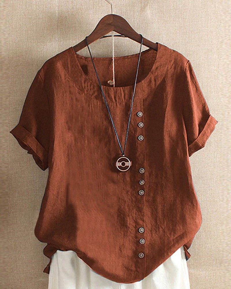 Linen | Button Front Crew Neck Top
