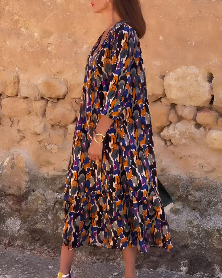 Retro Print V-Neck Dress