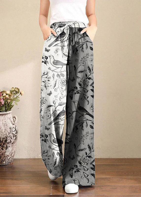 Grey Elastic Waist Wide-Leg Linen Pants