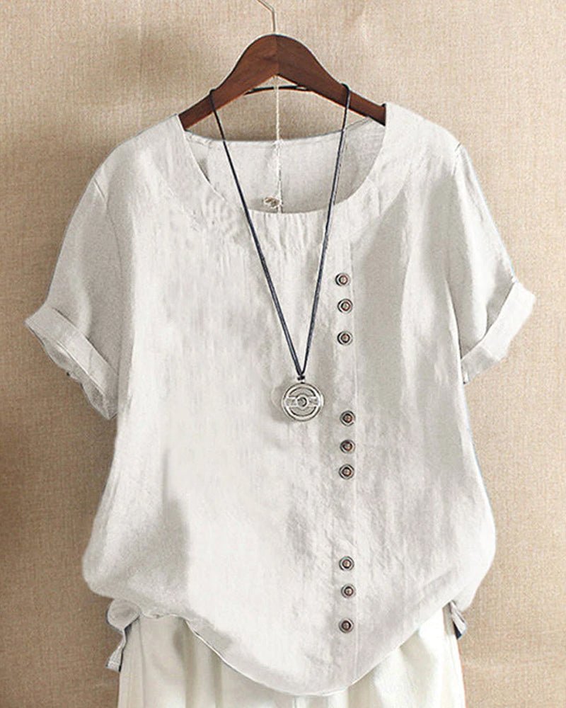 Linen | Button Front Crew Neck Top