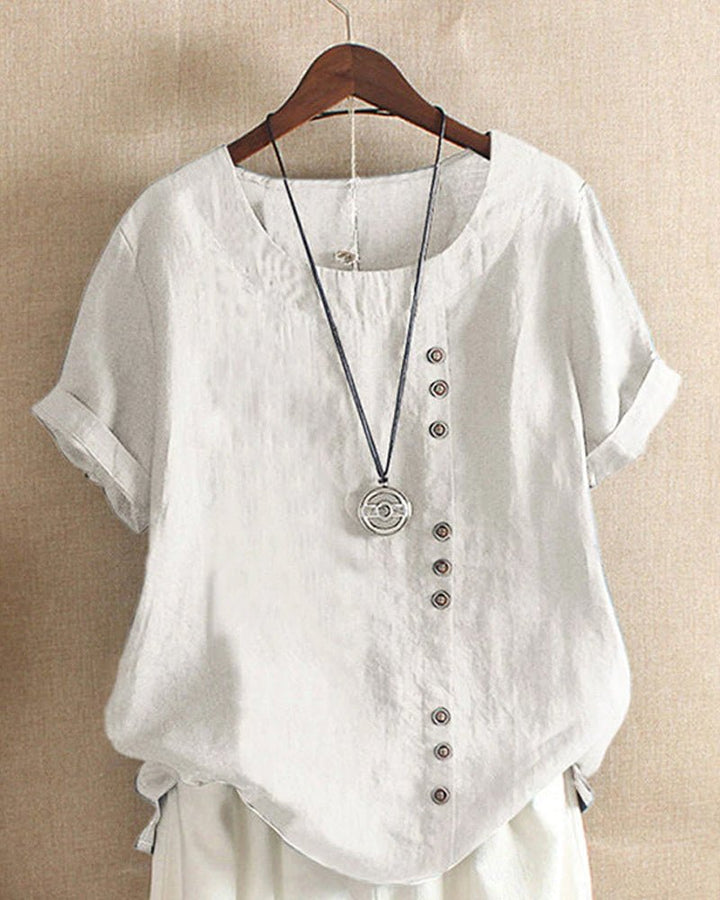 Linen | Button Front Crew Neck Top