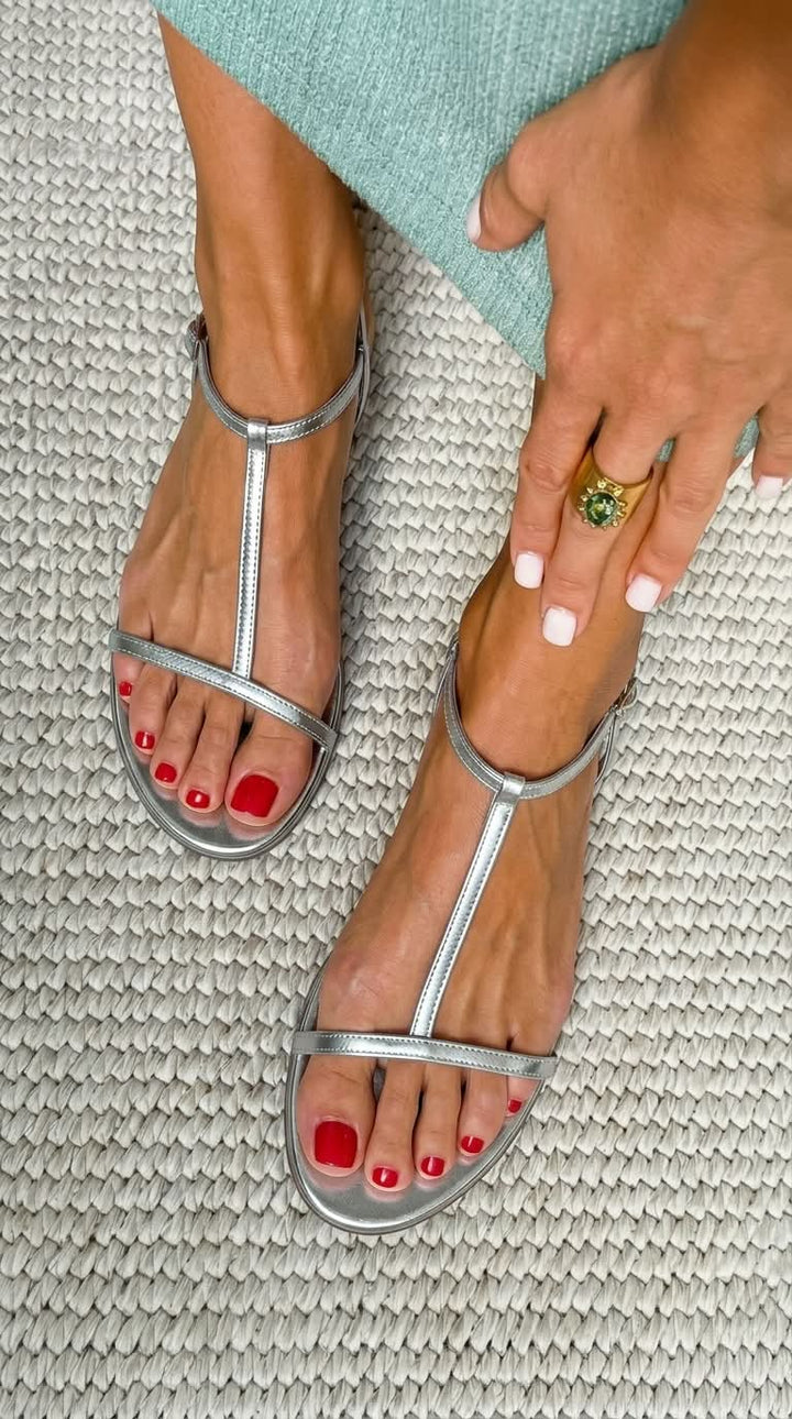 Zafira | Flat Metallic Sandals with T-straps for Summer