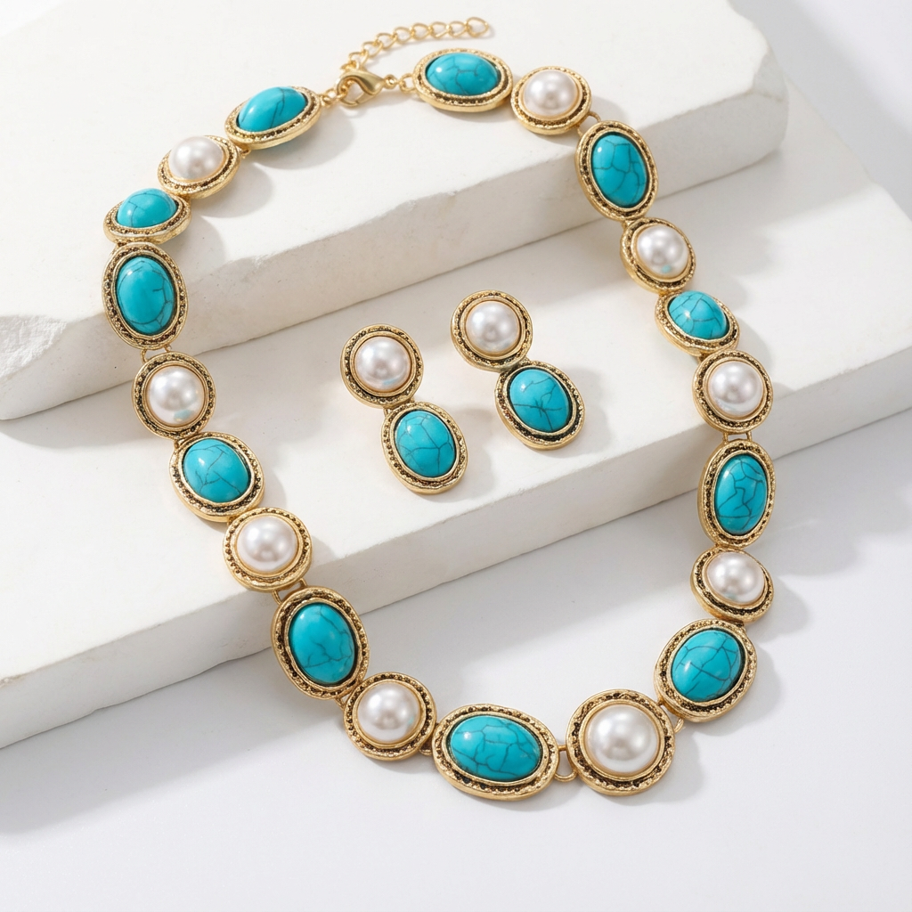 Skye | Turquoise & Pearl Antique Gold Statement Set