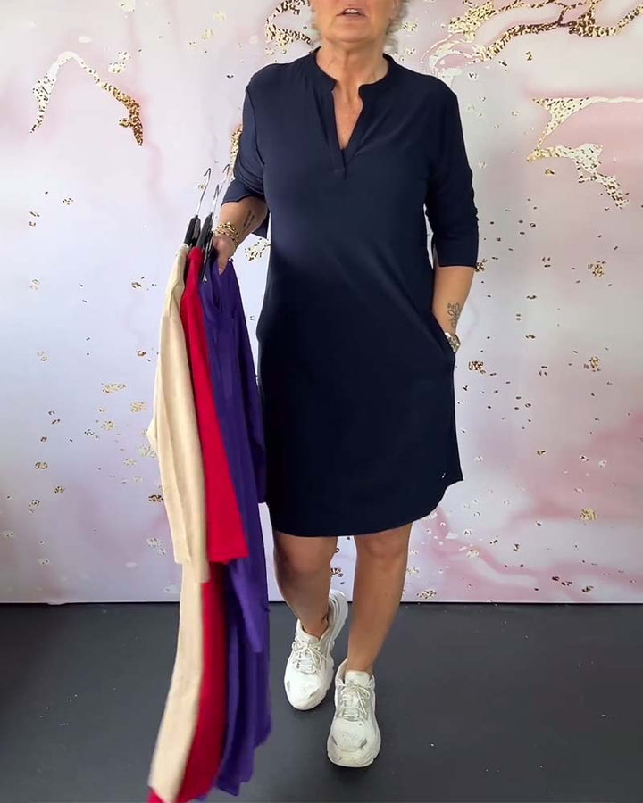 Solid V-Neck Casual Dress
