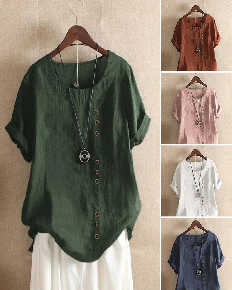 Linen | Button Front Crew Neck Top