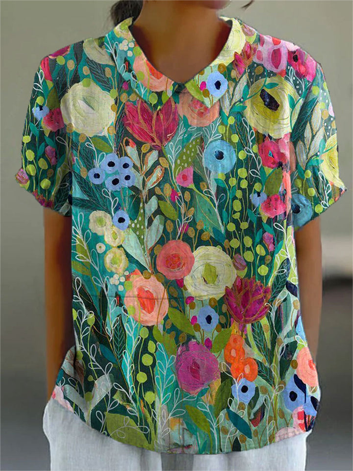 Pilar Cotton and Linen Floral Shirt with Watercolor Print