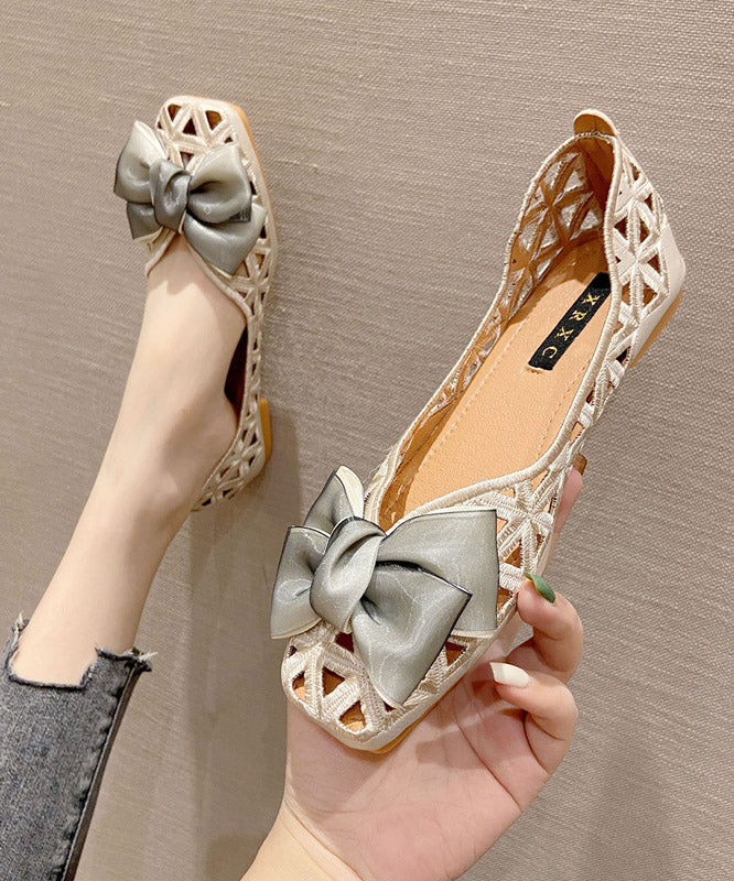 Apricot Knit Hollow Bow Flat Shoes
