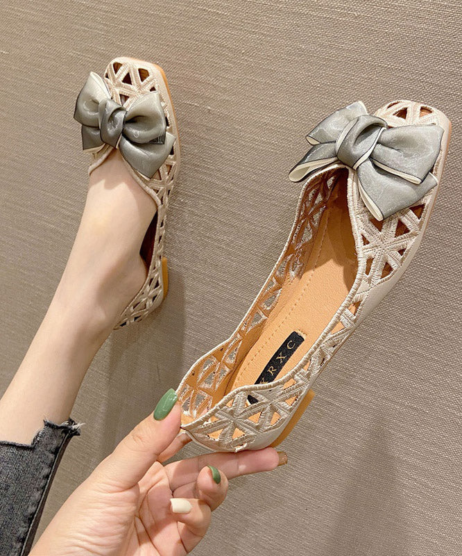 Apricot Knit Hollow Bow Flat Shoes