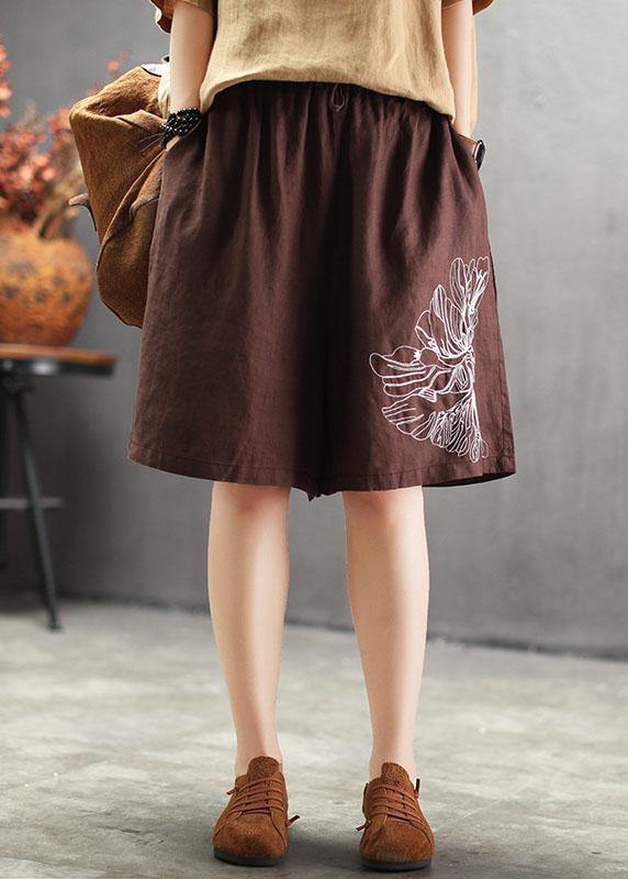 Chocolate Embroidered Linen Hot Pants