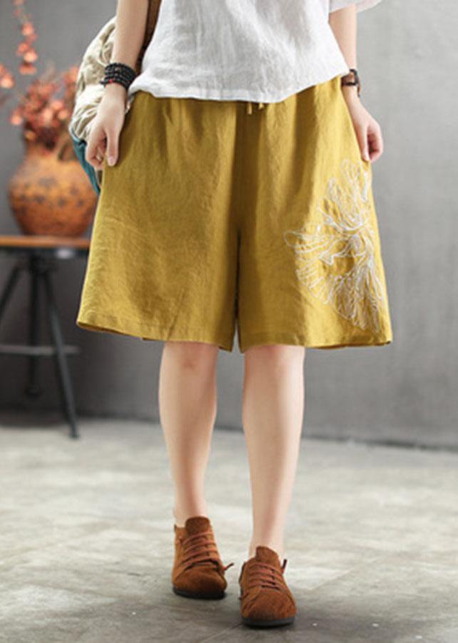 Chocolate Embroidered Linen Hot Pants