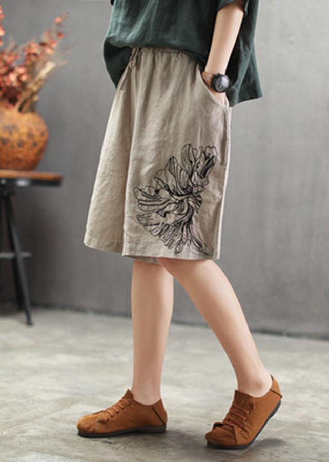 Chocolate Embroidered Linen Hot Pants