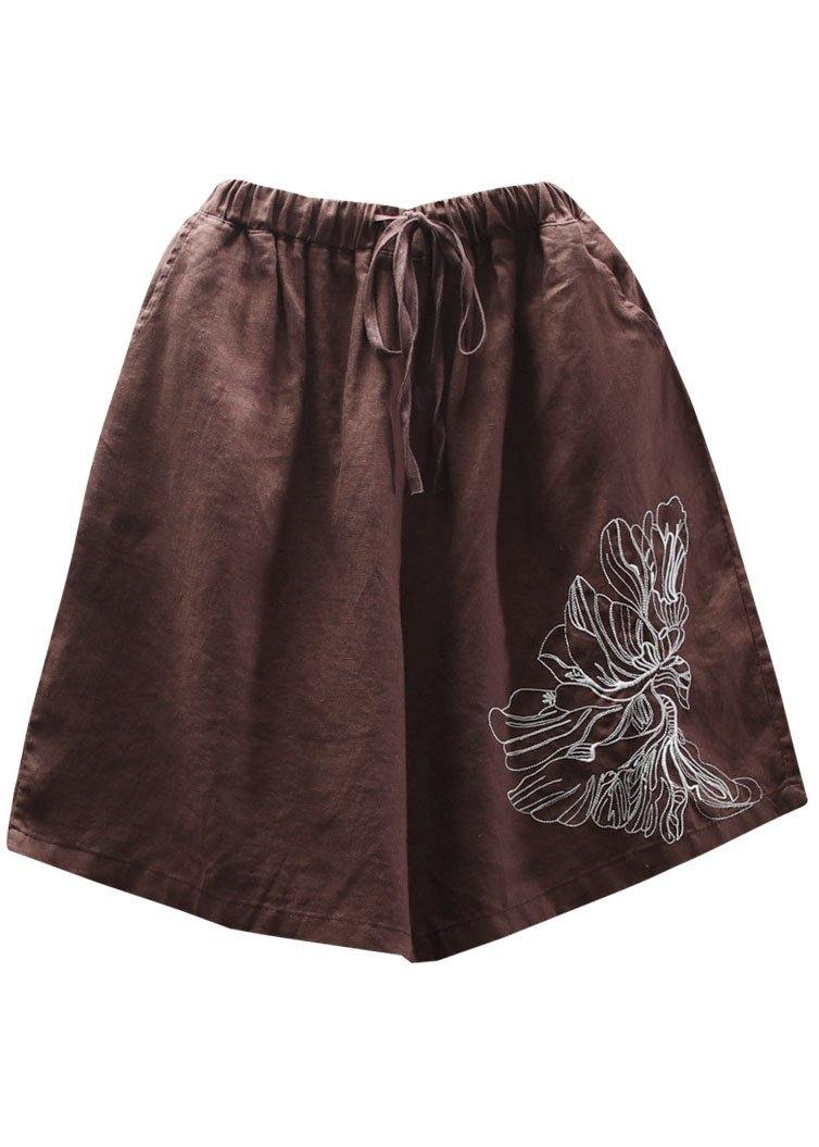 Chocolate Embroidered Linen Hot Pants