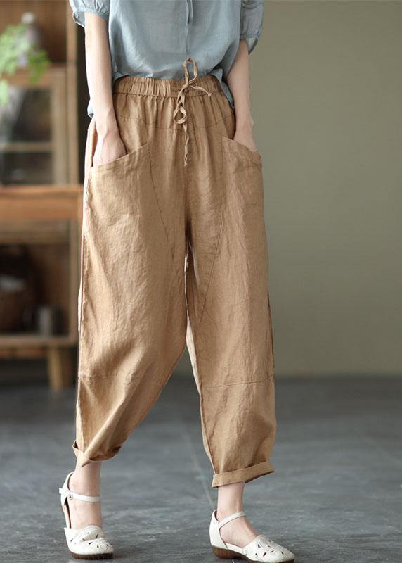 Khaki Tie-Waist Linen Harem Pants