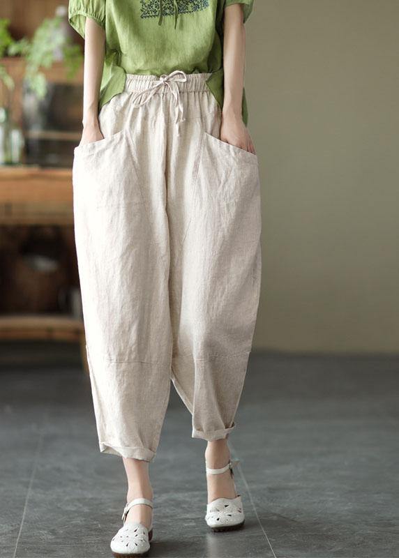 Khaki Tie-Waist Linen Harem Pants