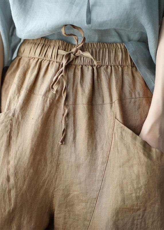 Khaki Tie-Waist Linen Harem Pants
