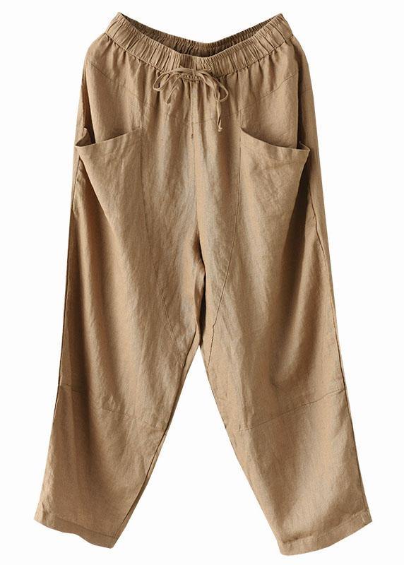 Khaki Tie-Waist Linen Harem Pants
