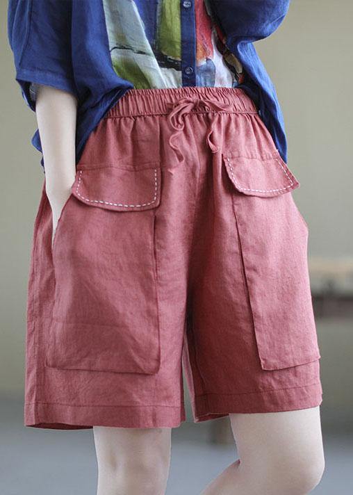 Red Tie-Waist Patchwork Linen Hot Pants