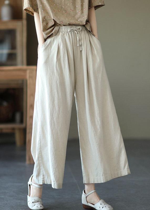 Beige Elastic Waist Wide-Leg Linen Pants