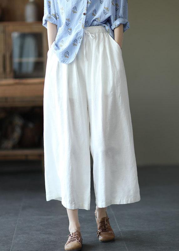 Beige Elastic Waist Wide-Leg Linen Pants