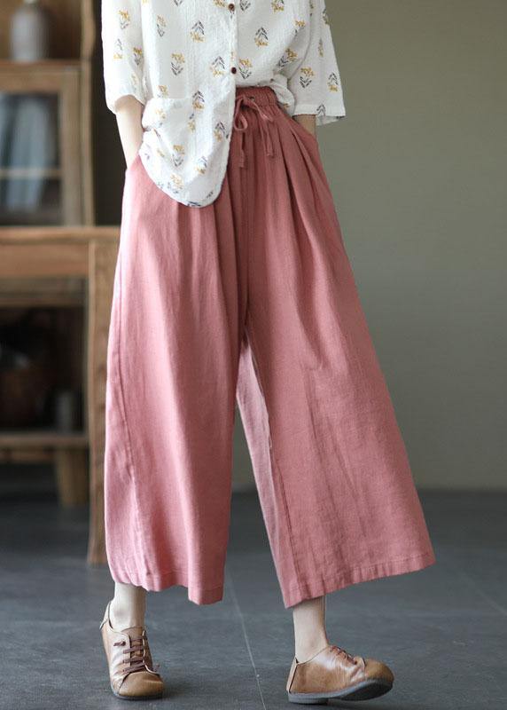 Beige Elastic Waist Wide-Leg Linen Pants