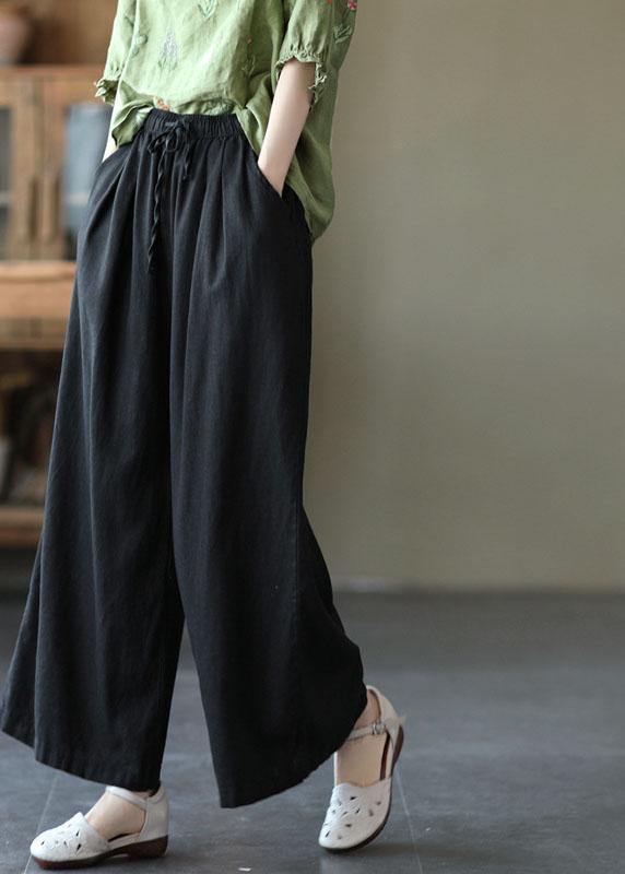 Beige Elastic Waist Wide-Leg Linen Pants