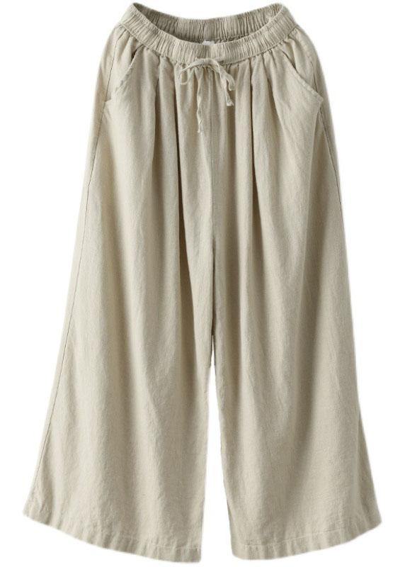 Beige Elastic Waist Wide-Leg Linen Pants
