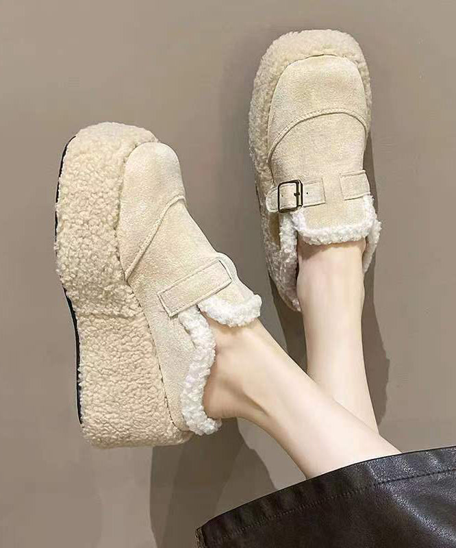 Beige Wool-Lined Platform Wedge Shoes
