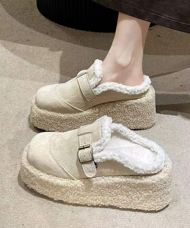 Beige Wool-Lined Platform Wedge Shoes