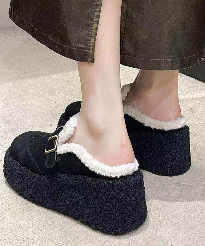 Beige Wool-Lined Platform Wedge Shoes