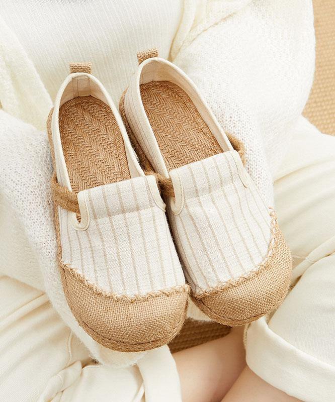 Beige Striped Cotton Linen Flat Shoes