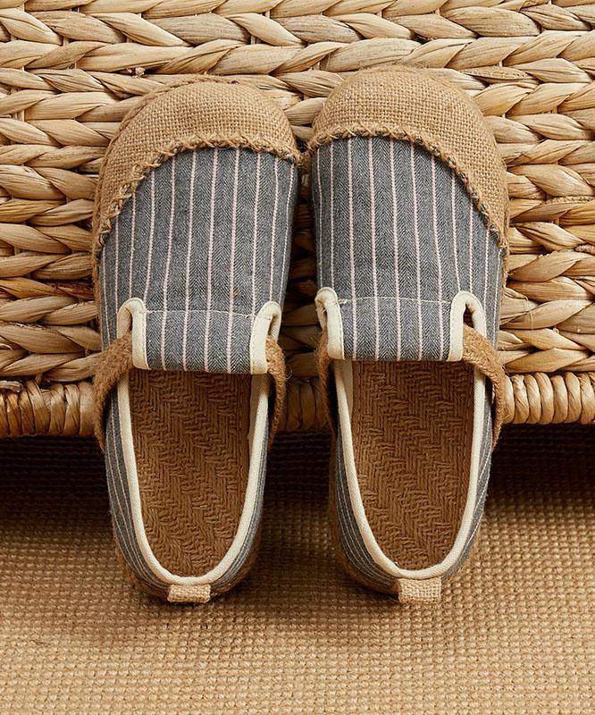 Beige Striped Cotton Linen Flat Shoes