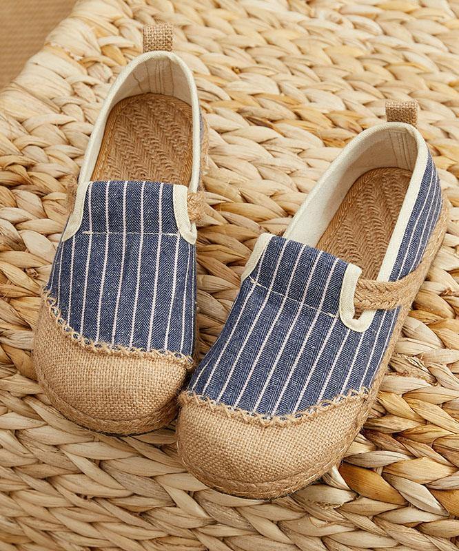 Beige Striped Cotton Linen Flat Shoes