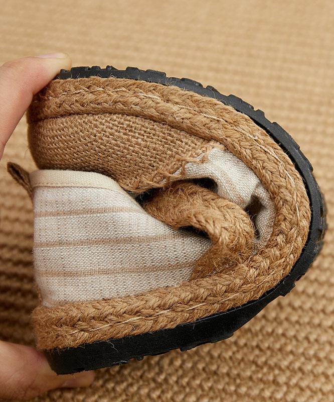 Beige Striped Cotton Linen Flat Shoes