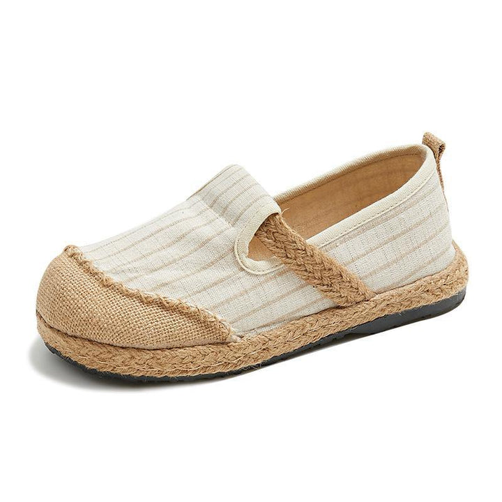 Beige Striped Cotton Linen Flat Shoes